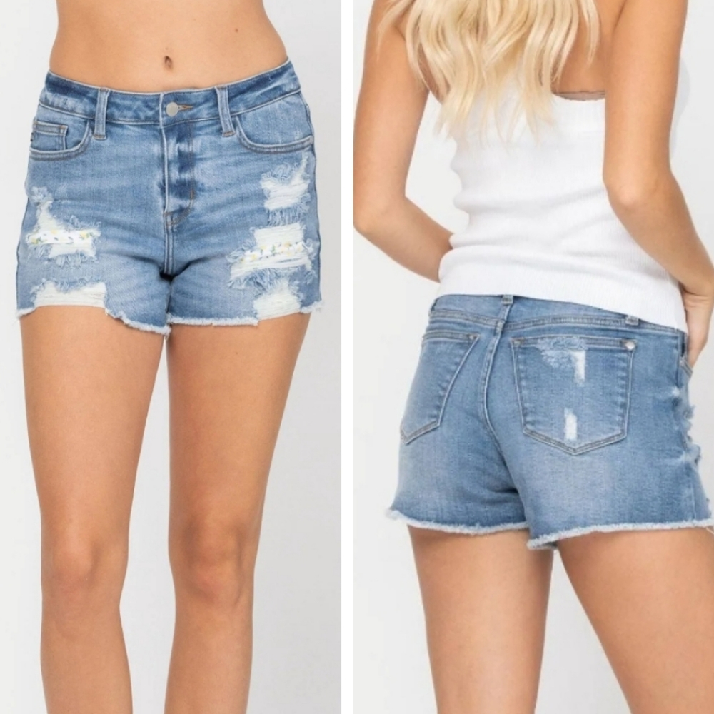 Judy Blue High Waisted Distressed Lemon Patched Raw Hem Shorts